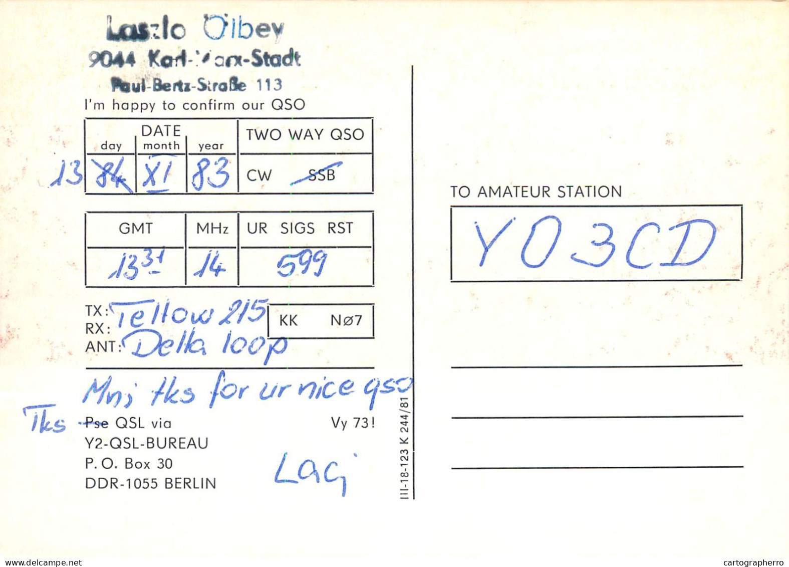 German Democtaric Republic Radio Amateur QSL Card Y31XN Y03CD 1983 - Radio Amateur