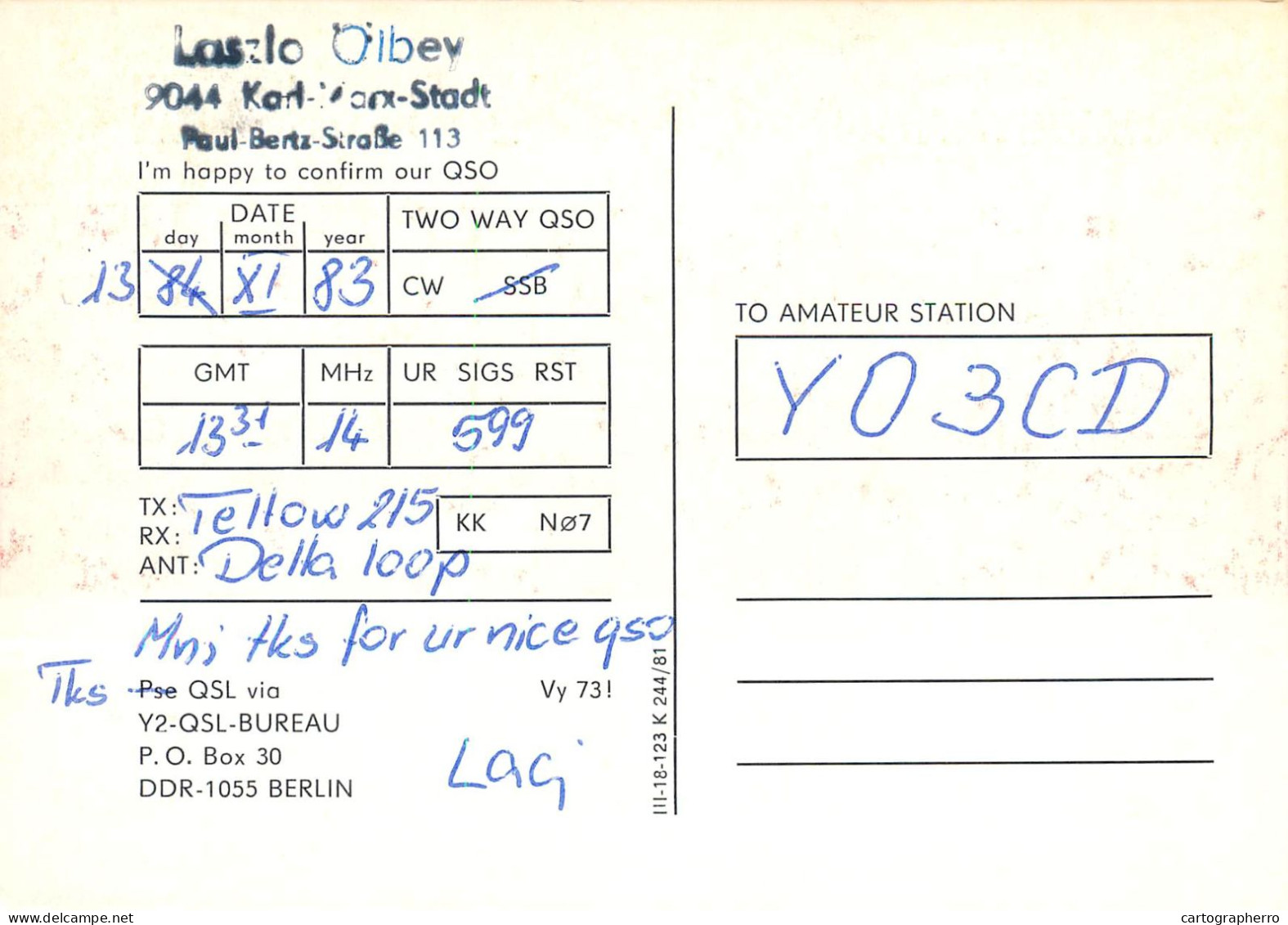 German Democtaric Republic Radio Amateur QSL Card Y31XN Y03CD 1983 - Radio Amatoriale