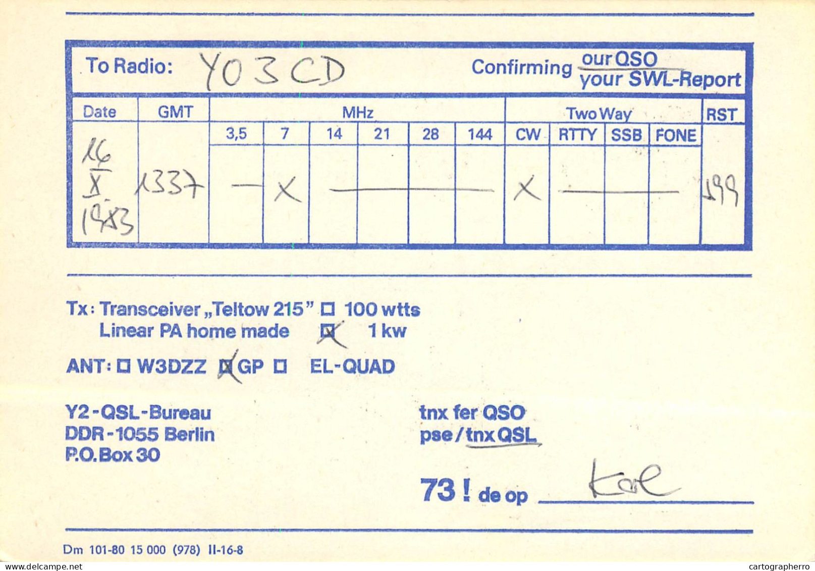 German Democtaric Republic Radio Amateur QSL Card Y31ZB Y03CD 1983 - Radio Amateur