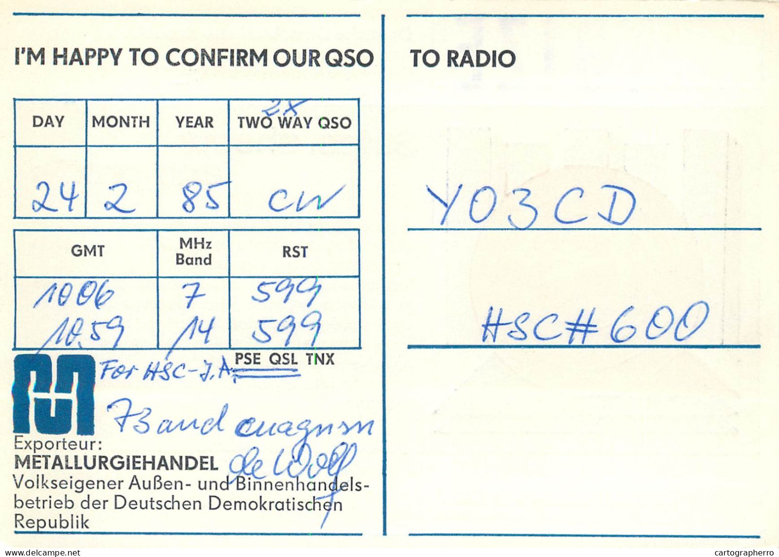 German Democtaric Republic Radio Amateur QSL Card Y31ZE Y03CD 1985 - Radio Amateur