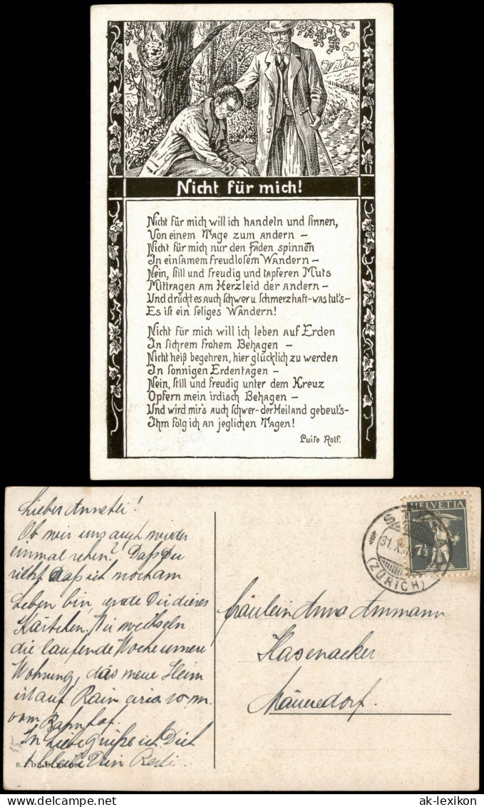 Spruchkarte Gedicht "Nicht Für Mich!" 1918  Gelaufen Mit Schweizer Frankatur - Philosophie