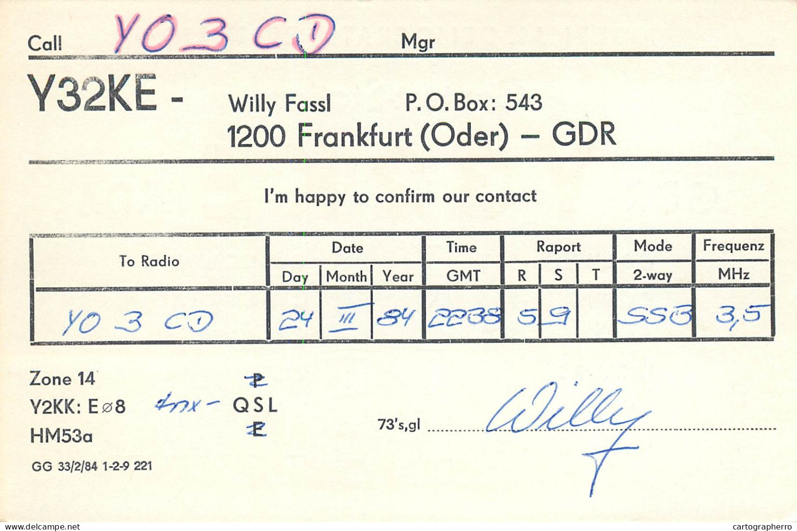 German Democtaric Republic Radio Amateur QSL Card Y31KE Y03CD 1984 - Radio Amatoriale