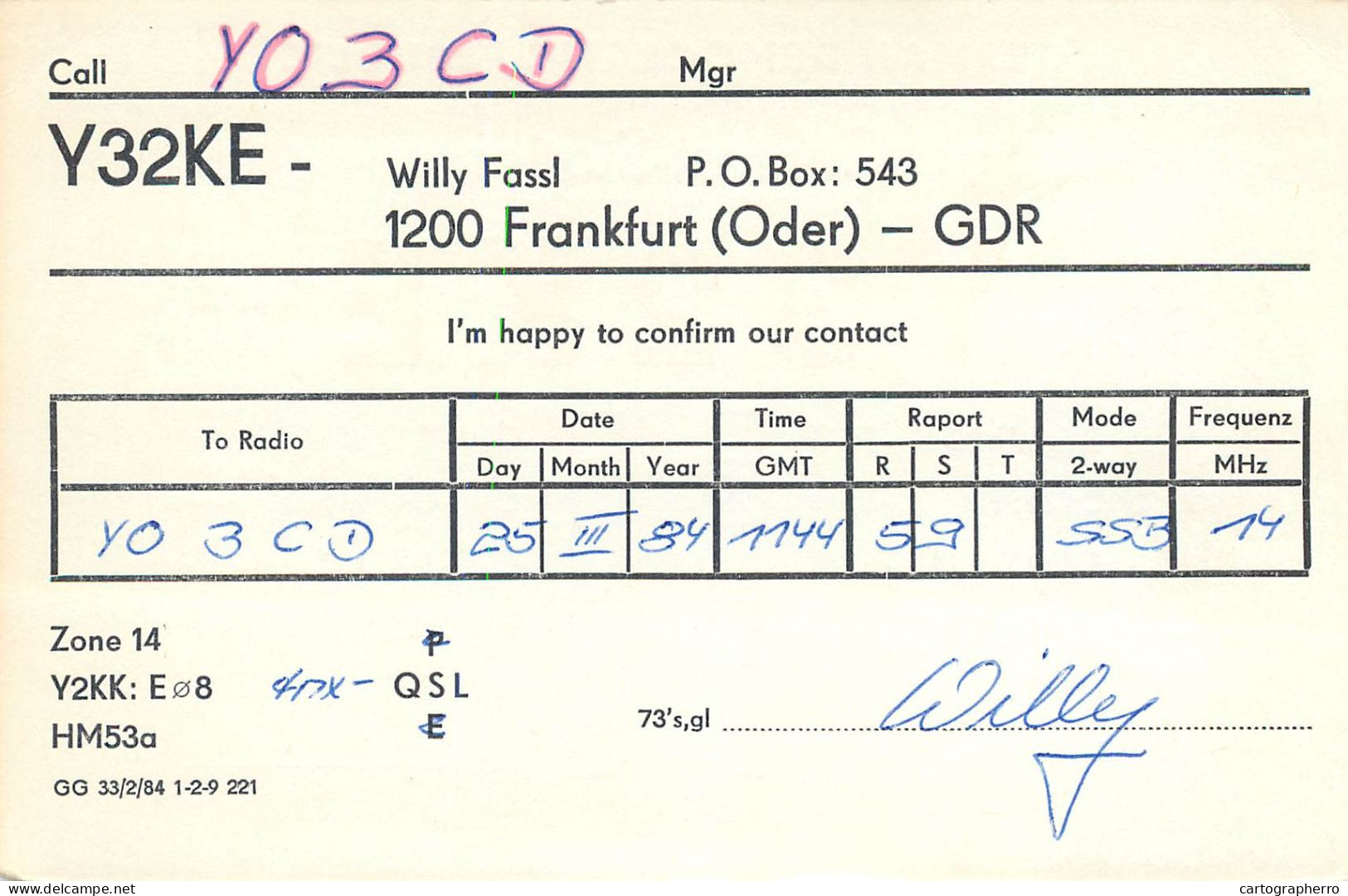 German Democtaric Republic Radio Amateur QSL Card Y31KE Y03CD 1984 - Radio Amateur