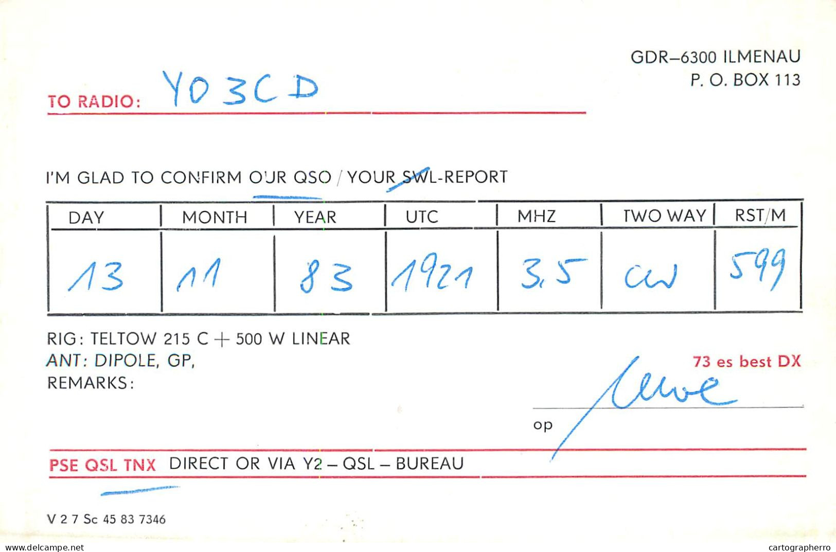 German Democtaric Republic Radio Amateur QSL Card Y32LK Y03CD 1983 - Radio Amatoriale