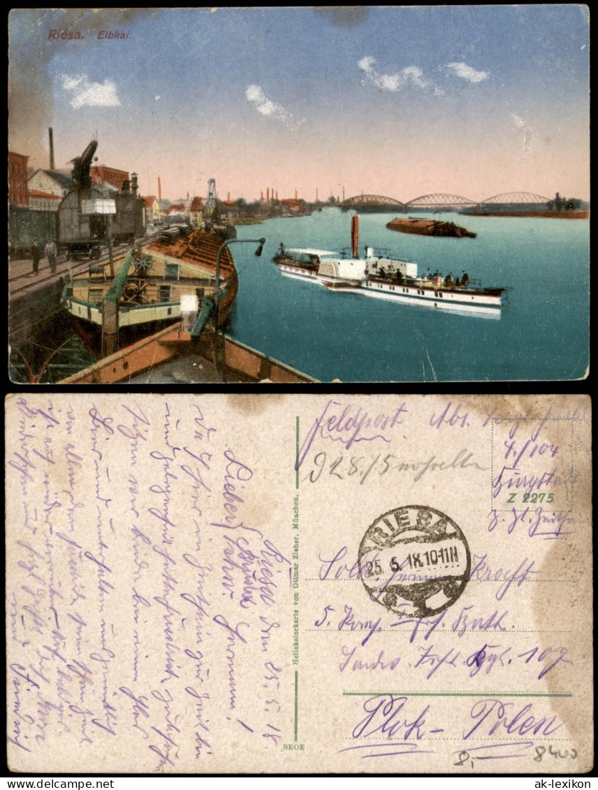 Ansichtskarte Gröba-Riesa Hafen, Dampfer - Elbkai 1918 - Riesa