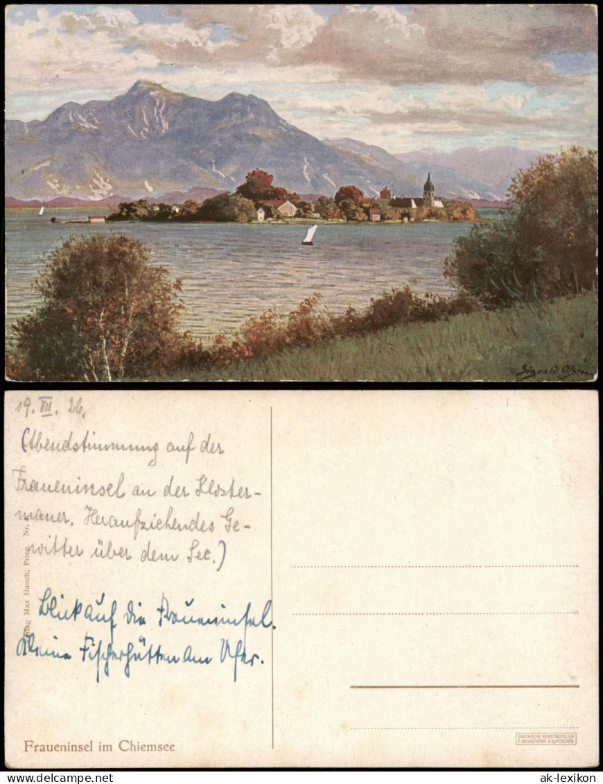 Ansichtskarte Chiemsee Fraueninsel - Chiemsee, Künstlerkarte 1913 - Chiemgauer Alpen