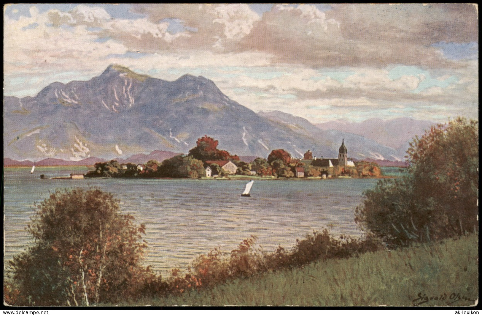 Ansichtskarte Chiemsee Fraueninsel - Chiemsee, Künstlerkarte 1913 - Chiemgauer Alpen