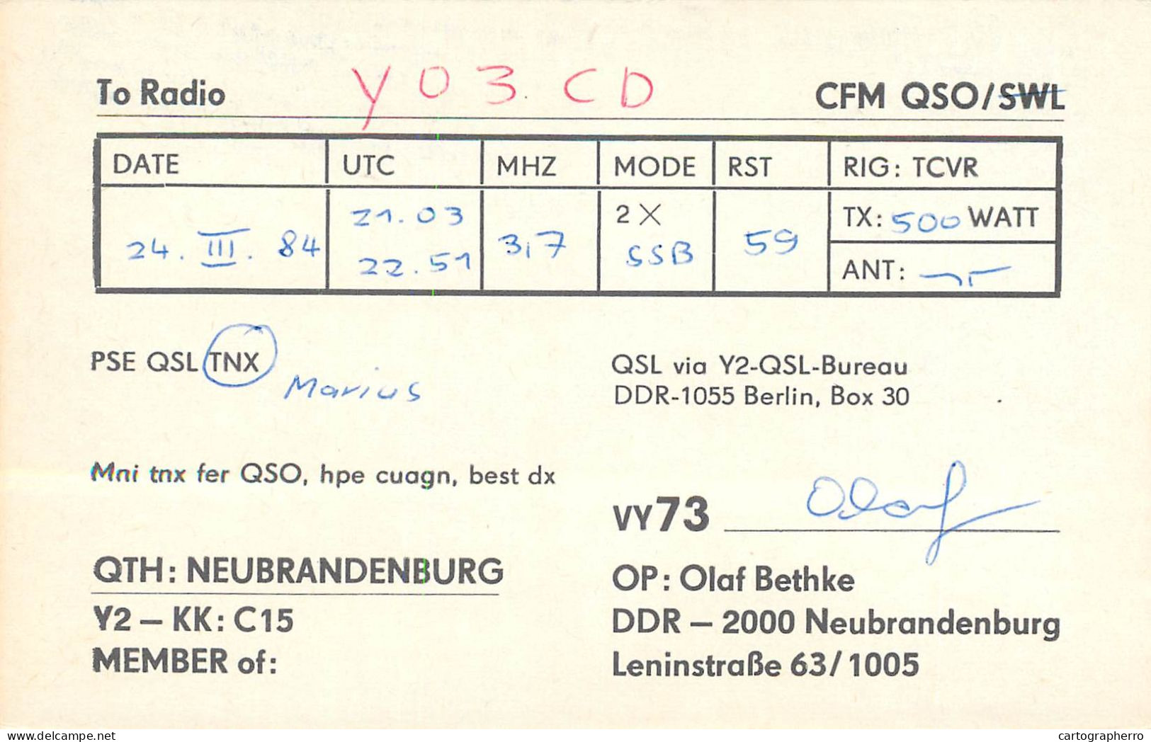 German Democtaric Republic Radio Amateur QSL Card Y32OC Y03CD 1984 - Radio Amatoriale