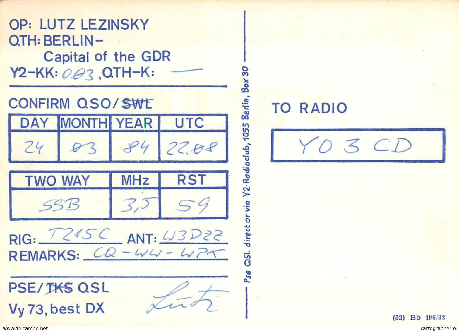 German Democtaric Republic Radio Amateur QSL Card Y31LO Y03CD 1984 - Radio Amatoriale