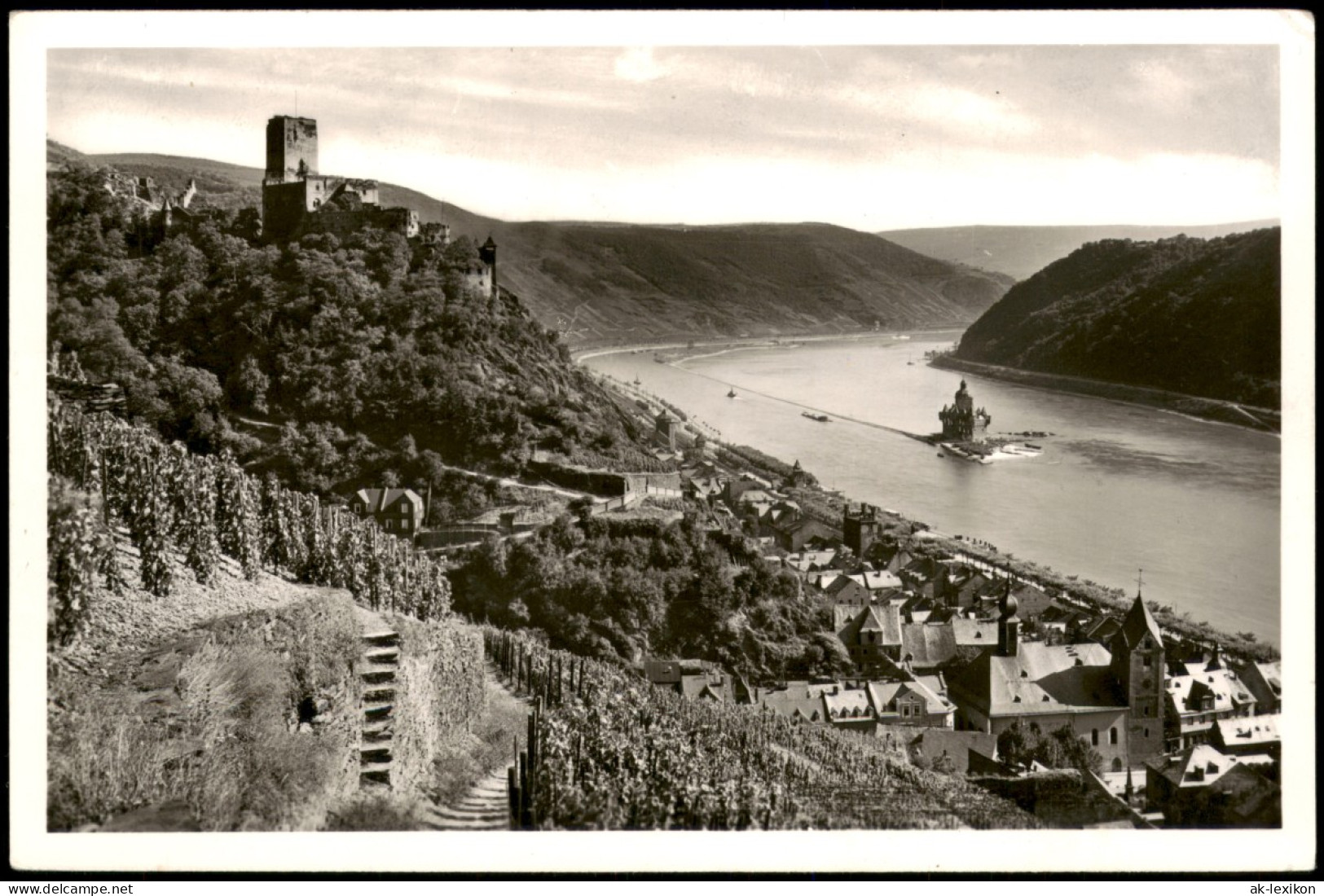 Ansichtskarte Kaub Panorama-Ansicht Mit Rhein Burg Gutenfels Und Pfalz 1950 - Kaub