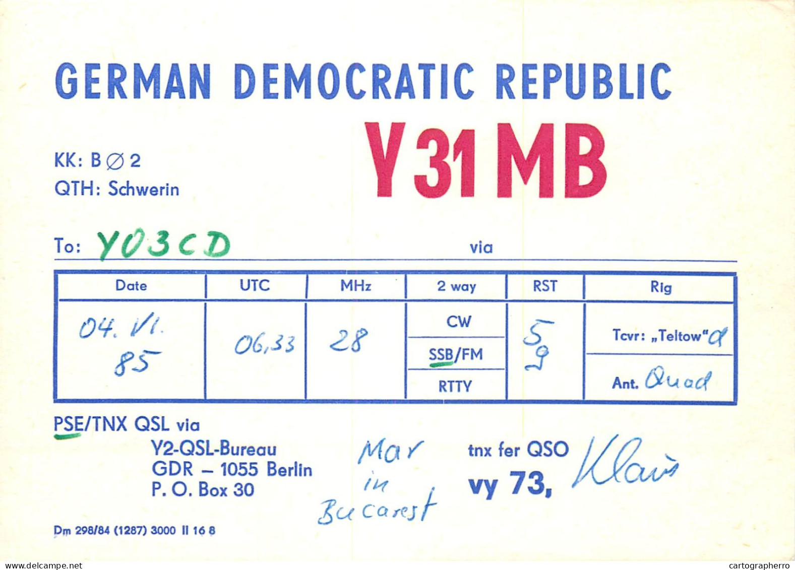 German Democtaric Republic Radio Amateur QSL Card Y31MBY03CD 1985 - Radio Amateur