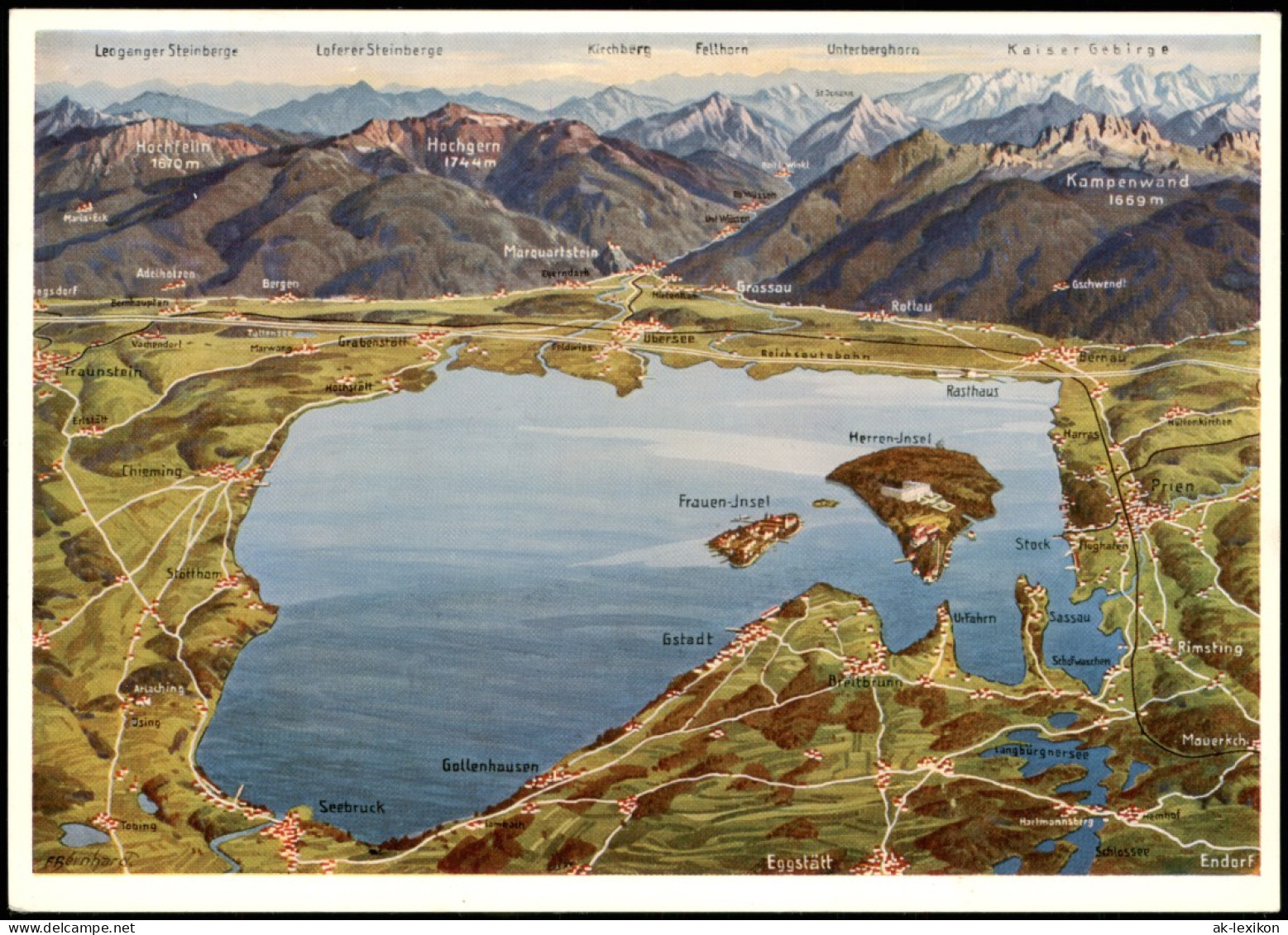 Ansichtskarte Chiemsee Chiemsee (See) Umgebungskarte, Alpen Panorama 1956 - Chiemgauer Alpen