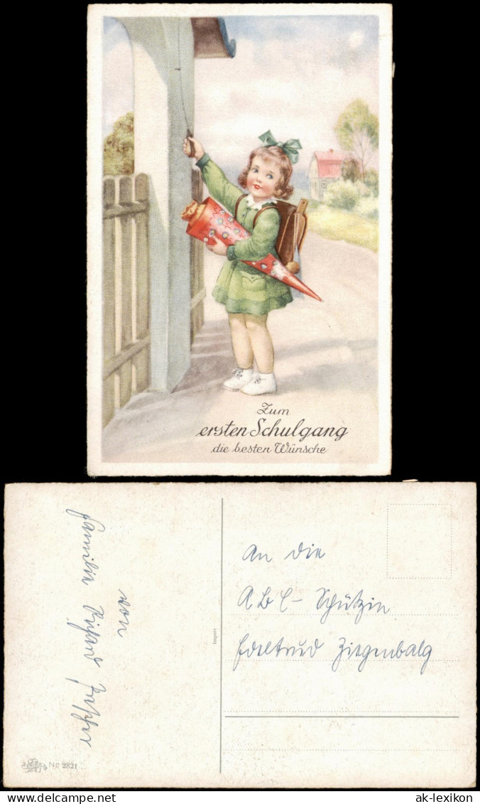 Glückwunsch - Schulanfang/Einschulung Mädchen Mit Zuckertüte 1940 - Children's School Start