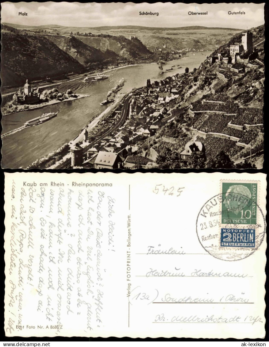 Ansichtskarte Kaub Panorama-Ansicht, Rhein Schiffe Schiffsverkehr 1954 - Kaub