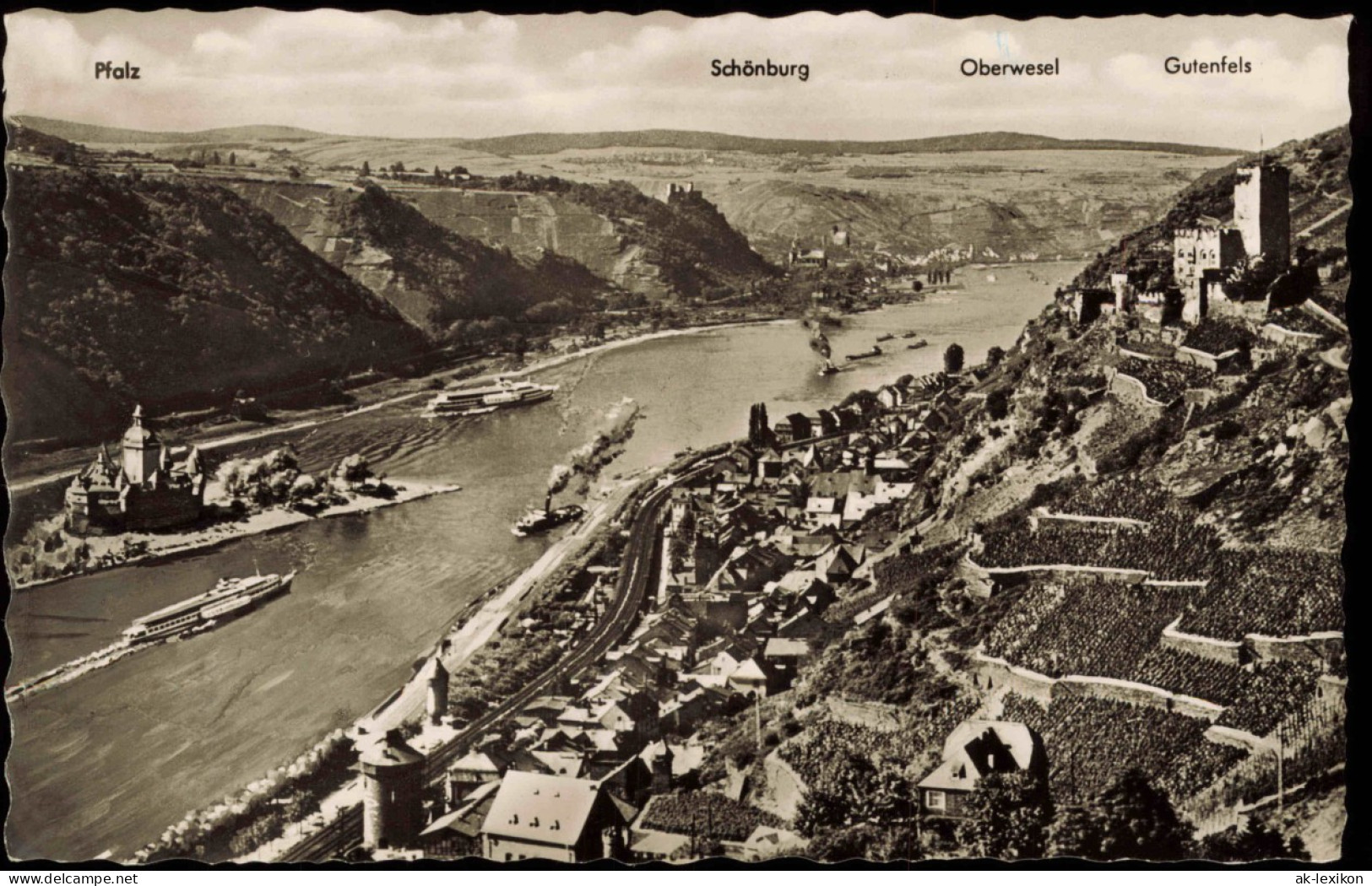 Ansichtskarte Kaub Panorama-Ansicht, Rhein Schiffe Schiffsverkehr 1954 - Kaub