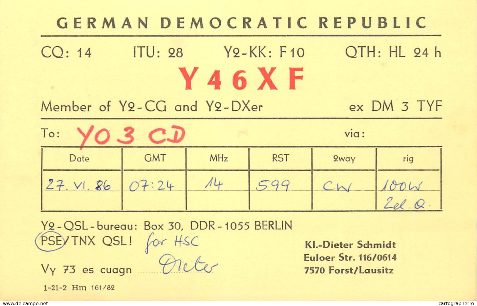 German Democtaric Republic Radio Amateur QSL Card Y46XF Y03CD 1986 - Radio Amatoriale