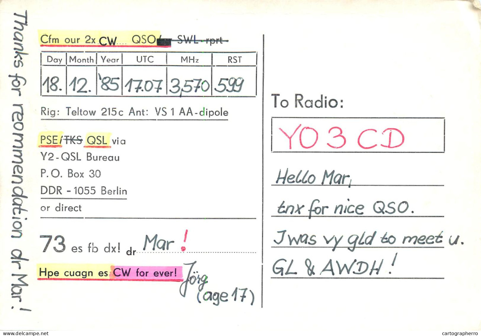 German Democtaric Republic Radio Amateur QSL Card Y62QHF Y03CD 1985 - Radio Amatoriale