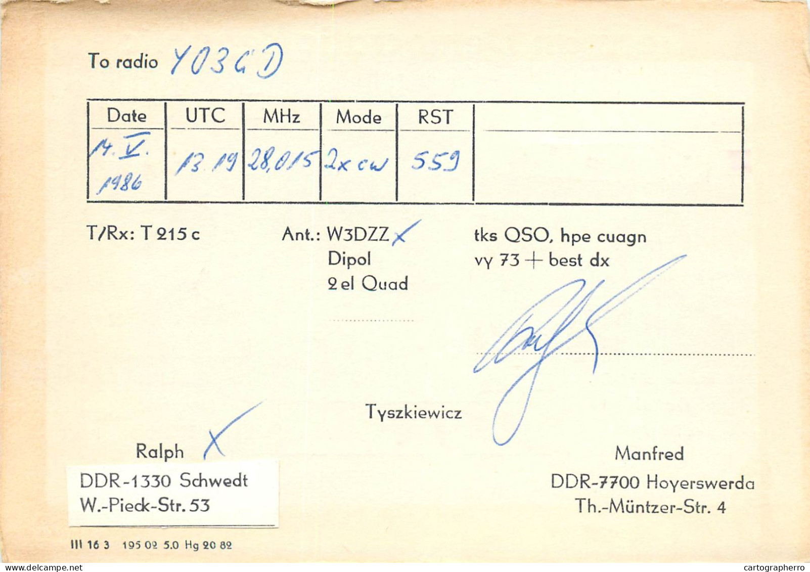 German Democtaric Republic Radio Amateur QSL Card Y24LF Y44ZF Y25WE Y03CD 1986 - Radio Amatoriale