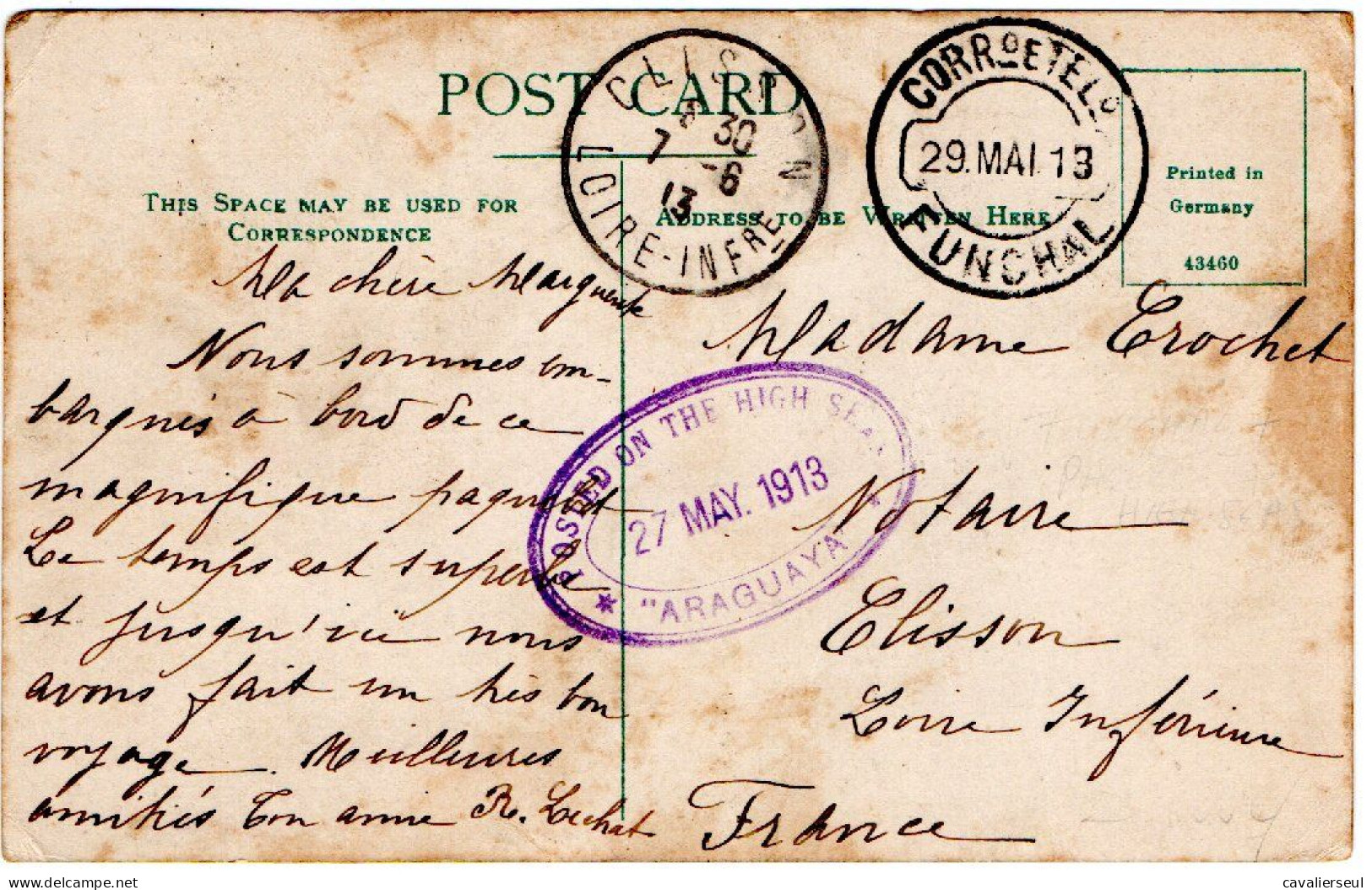 CP- ONE PËNNY Obl. PAQUEBOT - An Verso : Cachet Ovale : POSTED ON THE HIGNT SEE / ARAGUAYA / 27 MAY 1913 - Postmark Collection