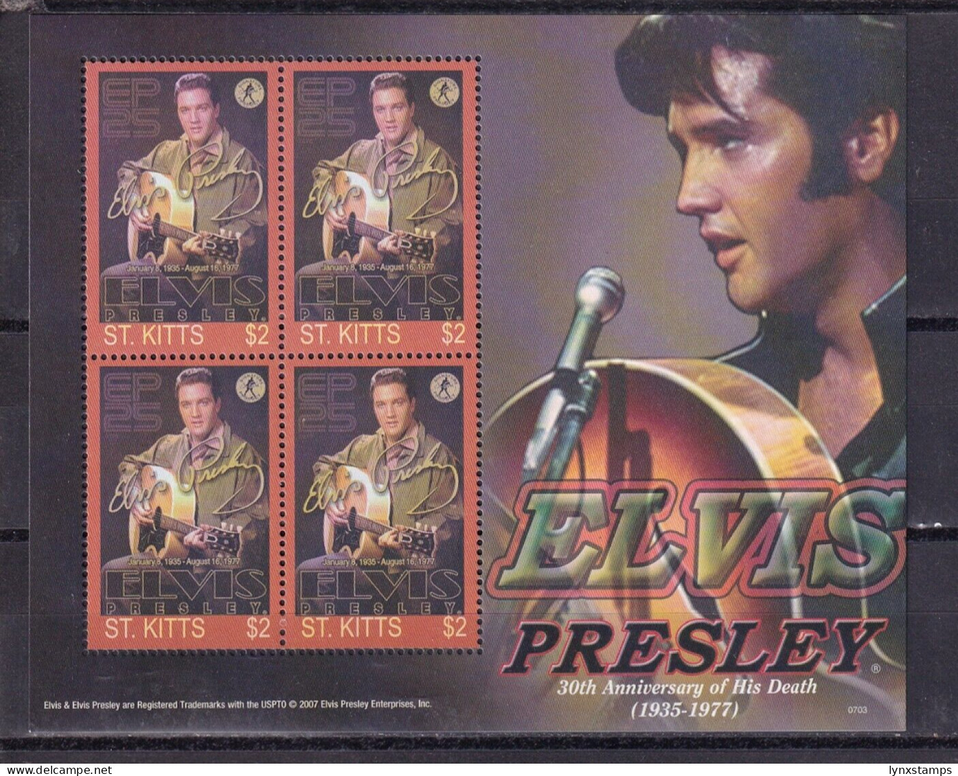 SA02 St Kitts 2007 The 30th Anniversary Of The Death Of Elvis Presley S/S - St.Kitts And Nevis ( 1983-...)