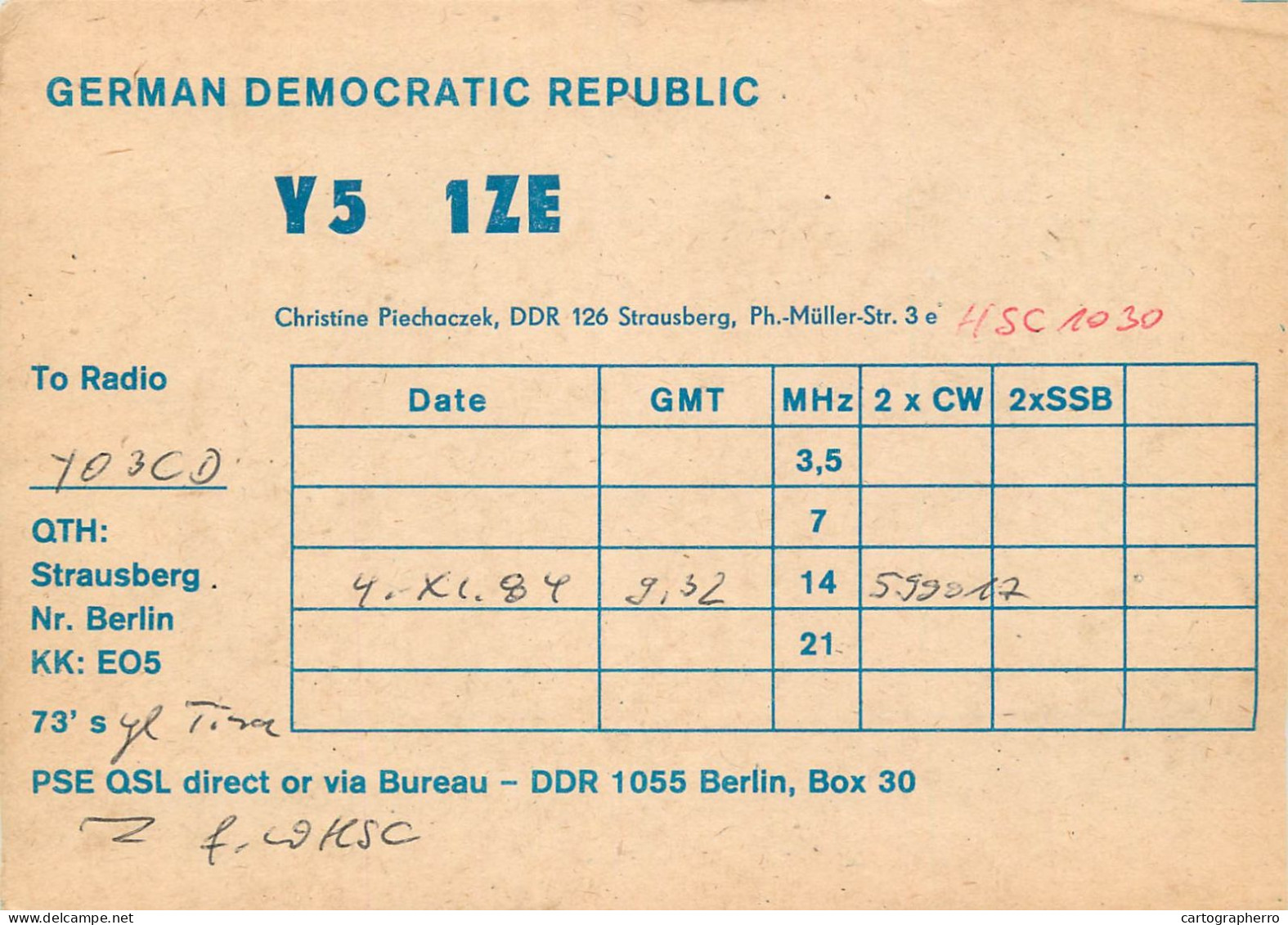 German Democtaric Republic Radio Amateur QSL Card Y51ZE Y03CD 1984 - Radio Amatoriale