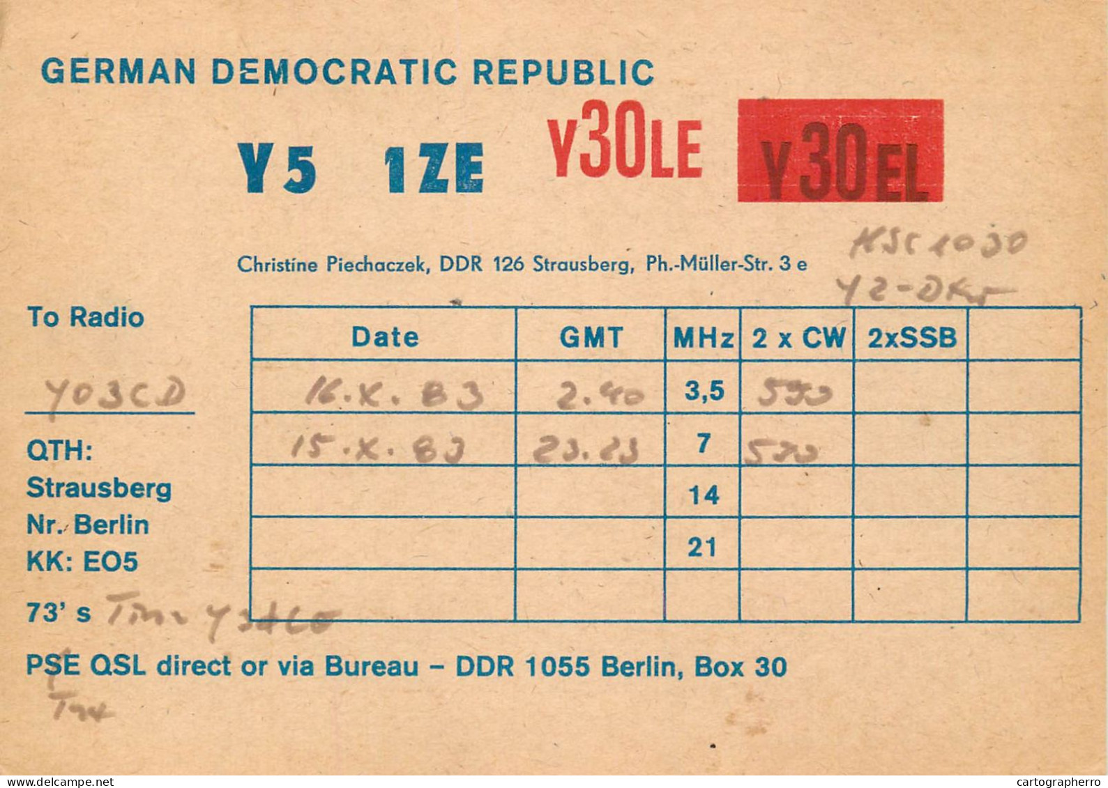 German Democtaric Republic Radio Amateur QSL Card Y51ZE Y30LE Y03CD 1983 - Radio Amatoriale