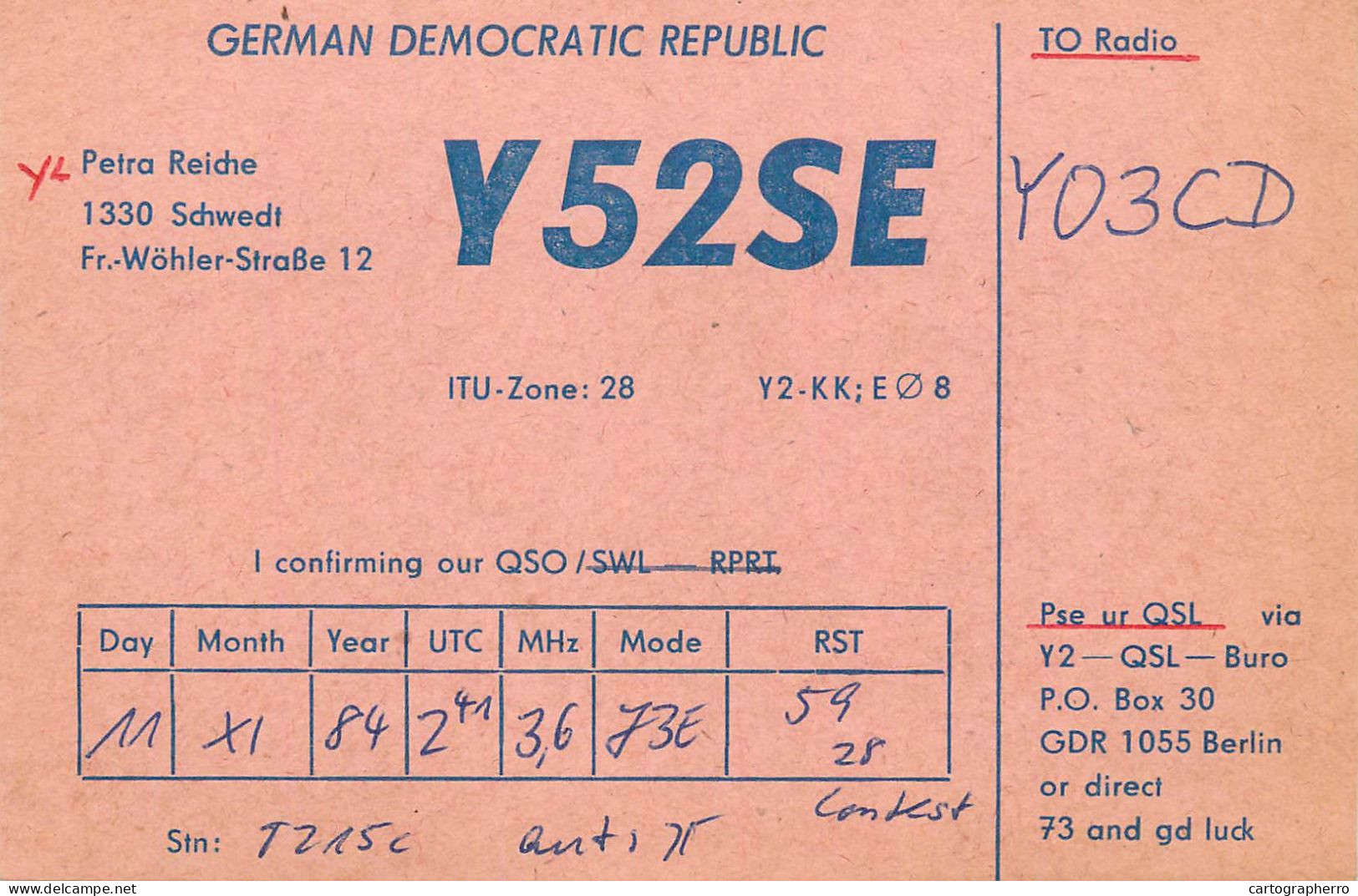 German Democtaric Republic Radio Amateur QSL Card Y52SE Y03CD 1984 - Radio Amatoriale