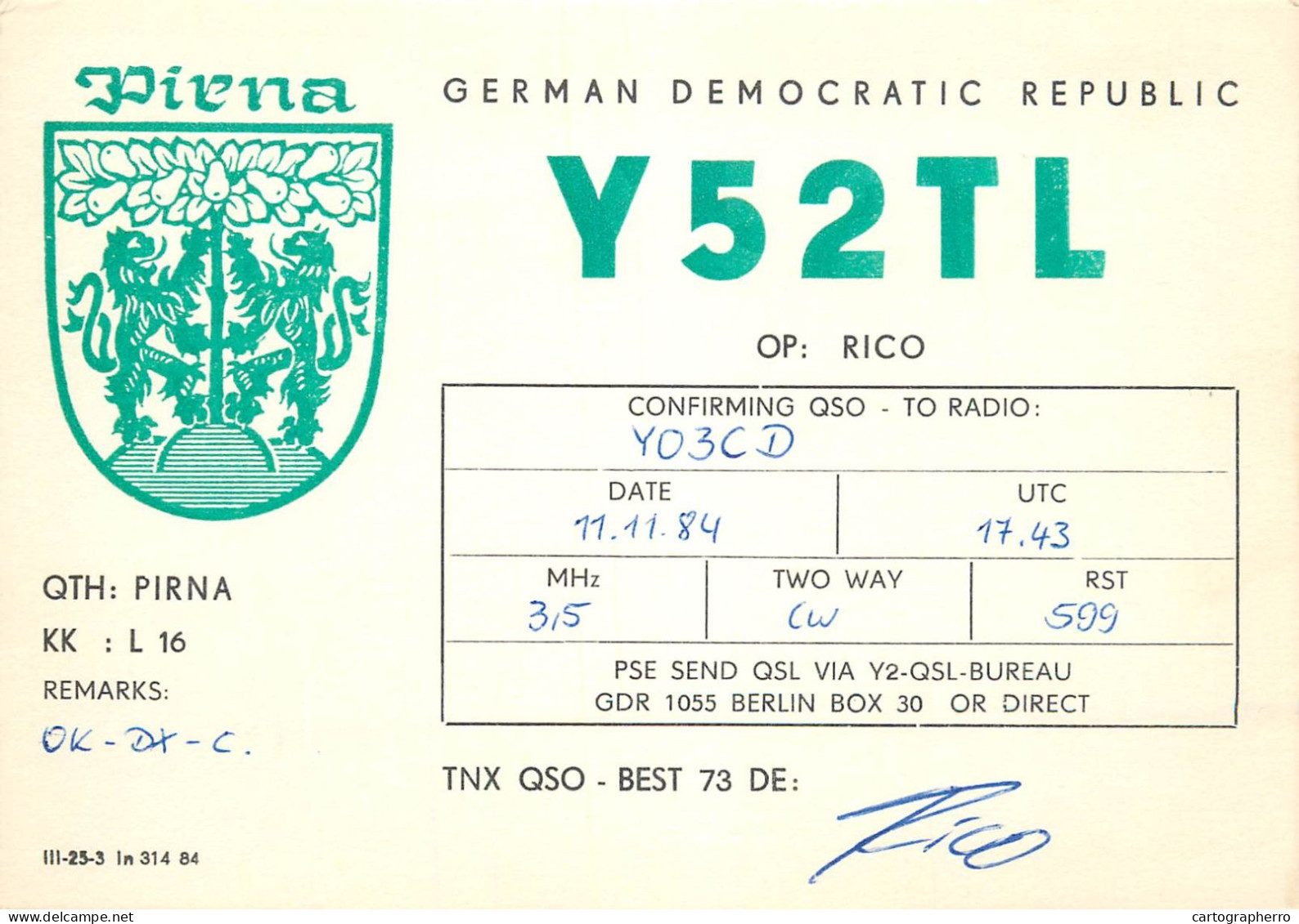 German Democtaric Republic Radio Amateur QSL Card Y52TL Y03CD 1984 - Radio Amatoriale