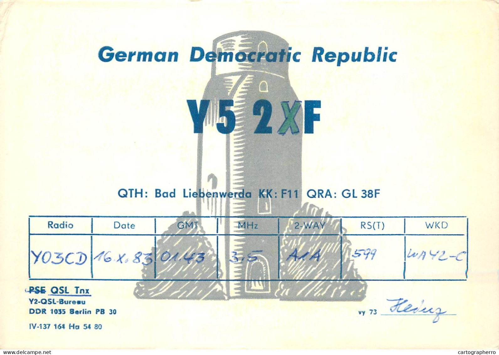 German Democtaric Republic Radio Amateur QSL Card Y52XF Y03CD 1983 - Radio Amatoriale