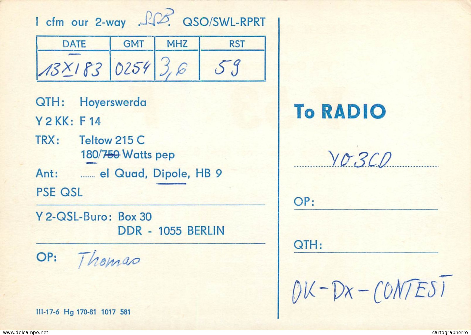 German Democtaric Republic Radio Amateur QSL Card Y53SF Y03CD 1983 - Radio Amatoriale