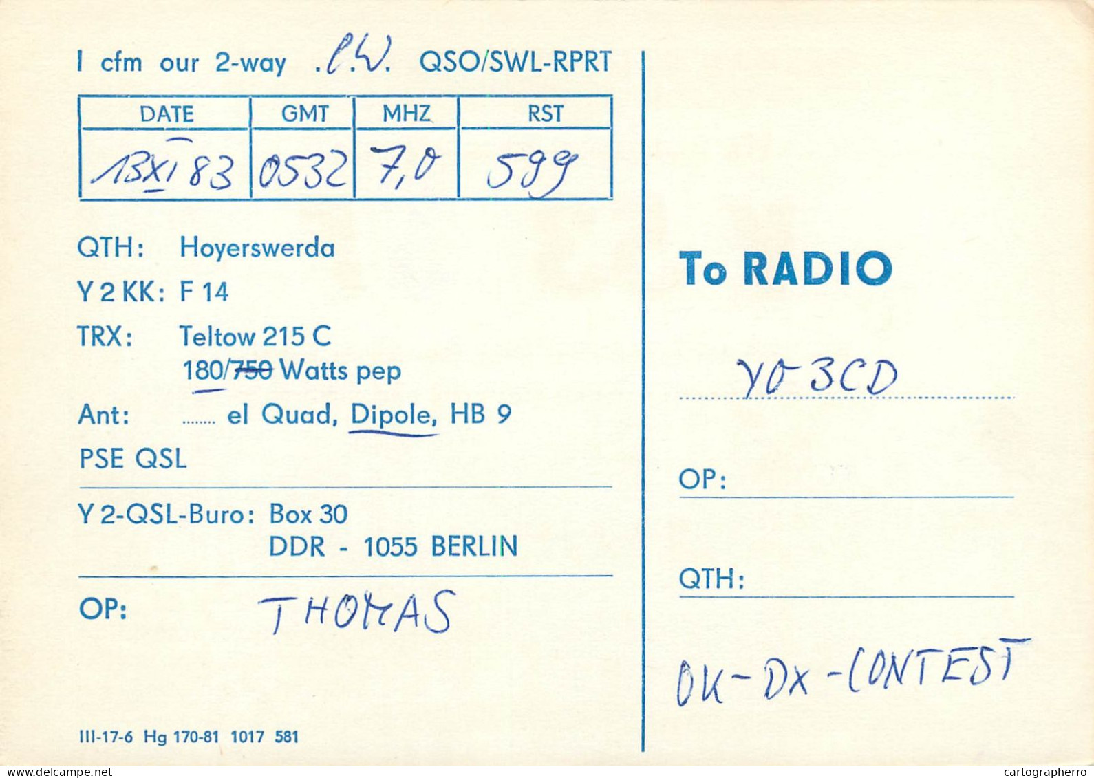 German Democtaric Republic Radio Amateur QSL Card Y53SF Y03CD 1983 - Radio Amatoriale