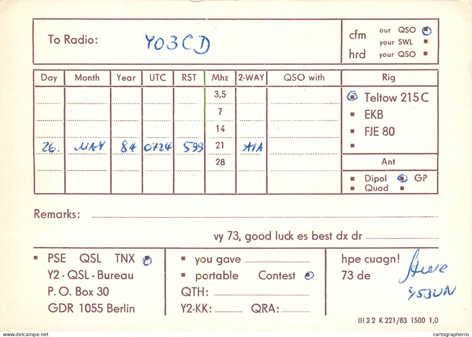 German Democtaric Republic Radio Amateur QSL Card Y53UN Y03CD 1984 - Radio Amatoriale