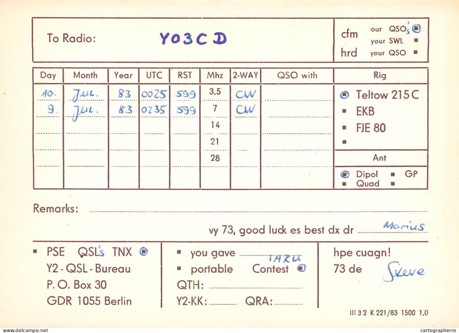 German Democtaric Republic Radio Amateur QSL Card Y53UN Y03CD 1983 - Radio Amatoriale