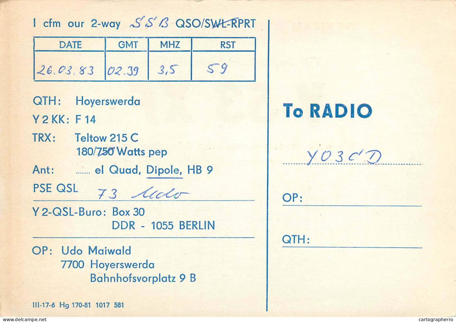 German Democtaric Republic Radio Amateur QSL Card Y53XF Y03CD 1983 - Radio Amatoriale
