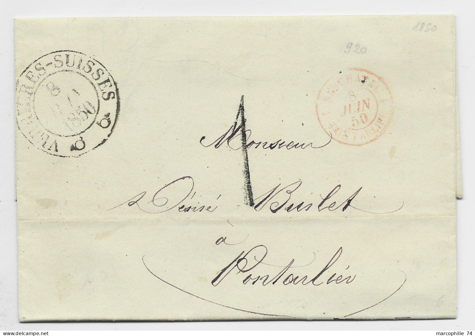 HELVETIA SUISSE VERRIERES SUISSES 8 MAI 1850  LETTRE COVER PONTARLIER DOUBS TAXE TAMPON 1 + SUISSE PONTARLIER FRONTALIER - 1843-1852 Federal & Cantonal Stamps