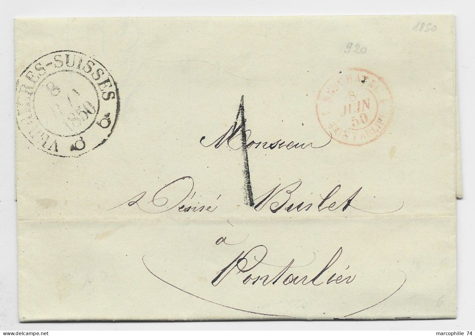 HELVETIA SUISSE VERRIERES SUISSES 8 MAI 1850  LETTRE COVER PONTARLIER DOUBS TAXE TAMPON 1 + SUISSE PONTARLIER FRONTALIER - 1843-1852 Timbres Cantonaux Et  Fédéraux