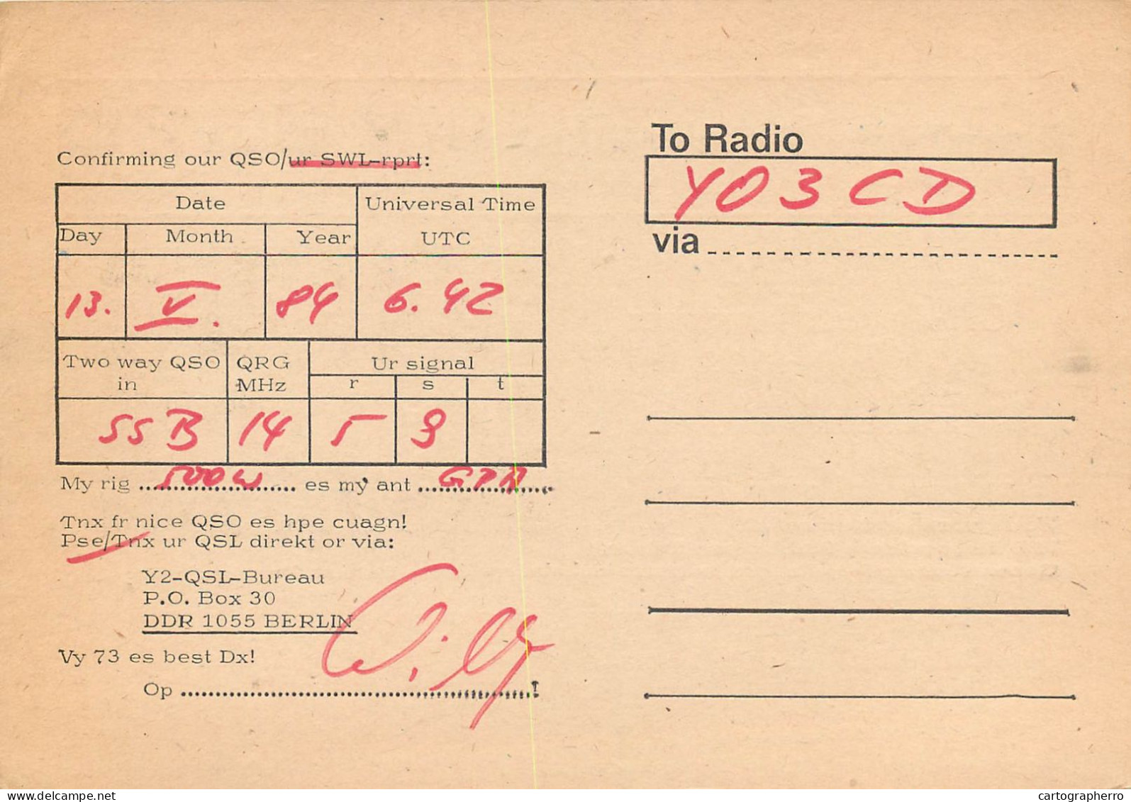 German Democtaric Republic Radio Amateur QSL Card Y53ZD Y03CD 1984 - Radio Amatoriale