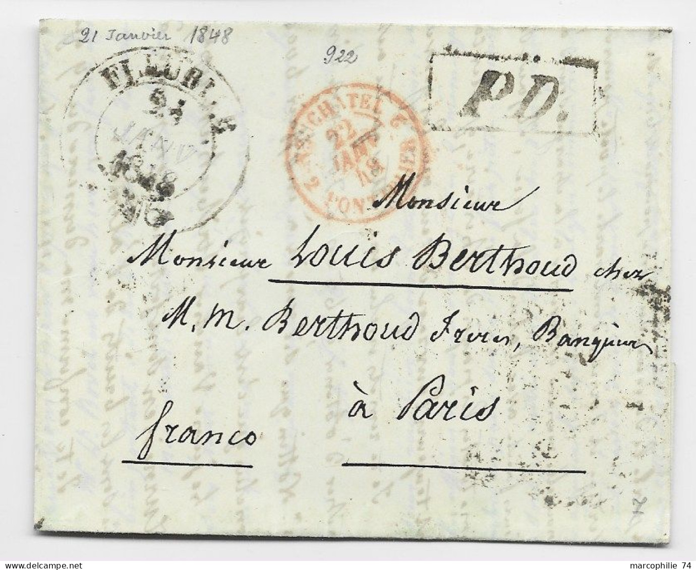 HELVETIA SUISSE FLEURIER 1848 LETTRE COVER + PD + CACHET ENTREE NEUCHATEL 2 PONTARLIER POUR PARIS - 1843-1852 Federal & Cantonal Stamps