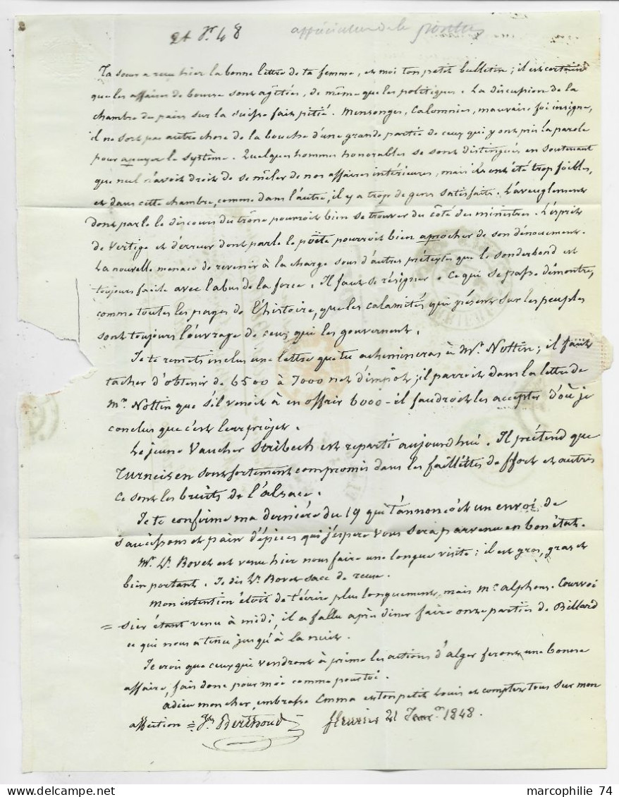 HELVETIA SUISSE FLEURIER 1848 LETTRE COVER + PD + CACHET ENTREE NEUCHATEL 2 PONTARLIER POUR PARIS - 1843-1852 Federale & Kantonnale Postzegels