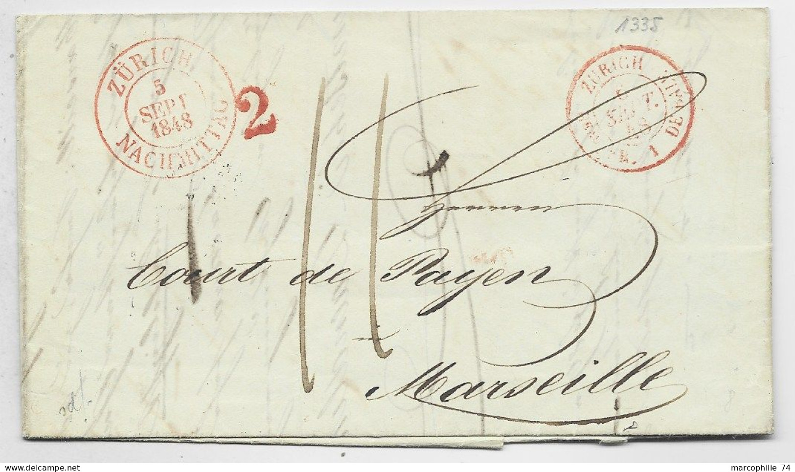 HELVETIA SUISSE CACHET ROUGE ZURICH 5 SEPT 1848 NACH TO FRANCE + ZURICH BALE - 1843-1852 Timbres Cantonaux Et  Fédéraux