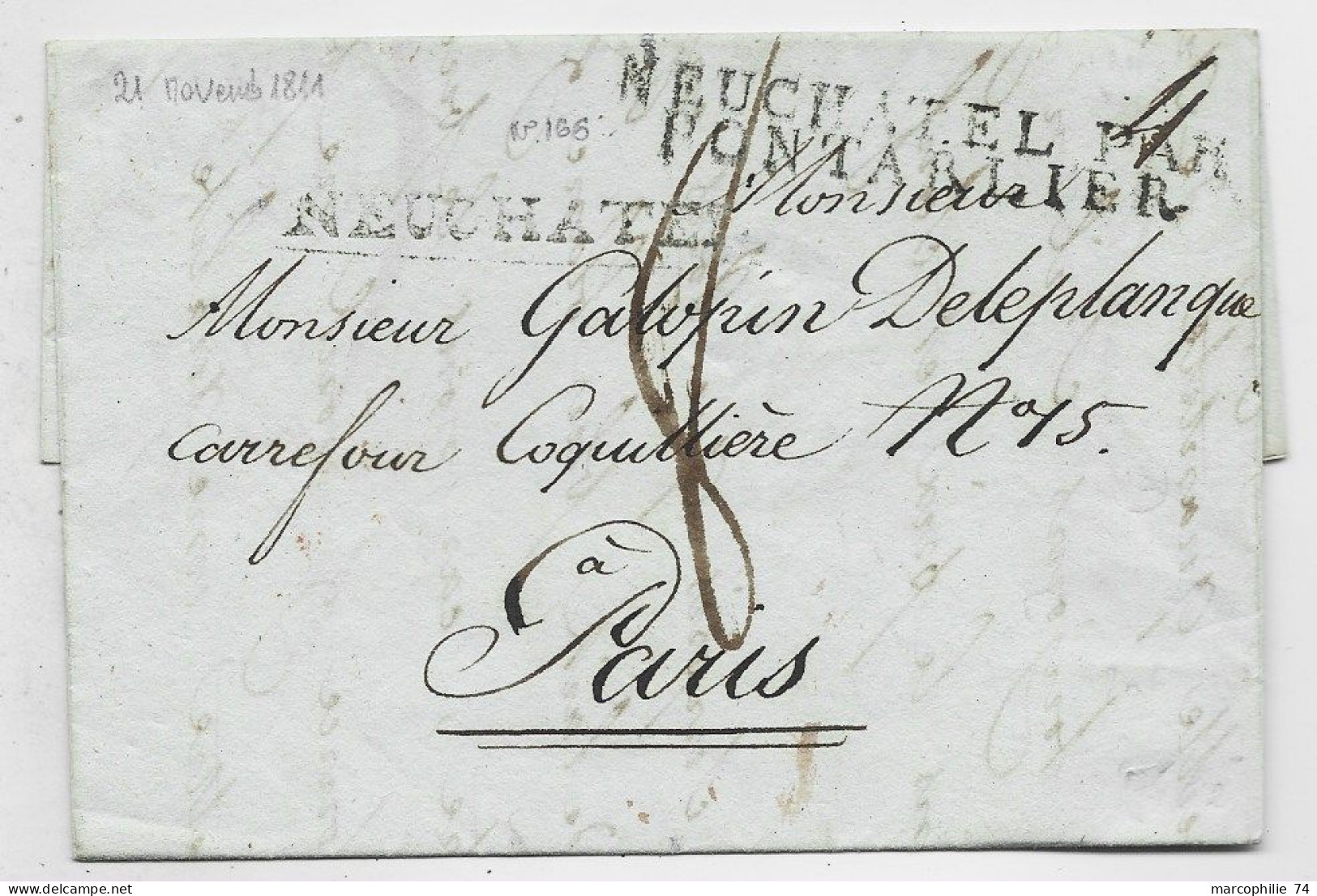 HELVETIA SUISSE MARQUE NEUCHATEL 1811 LETTRE + MARQUE ENTREE NEUCHATEL PAR PONTARLIER POUR PARIS - ...-1845 Préphilatélie