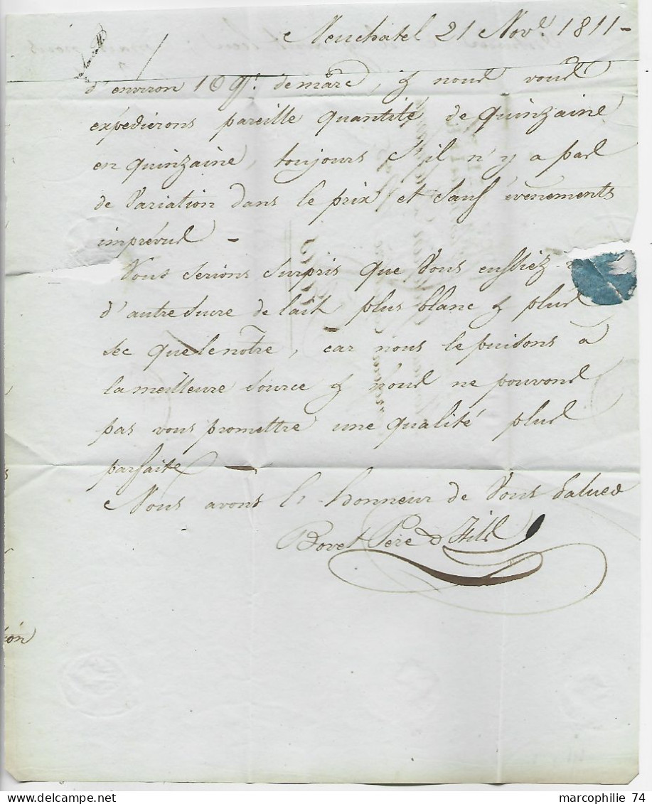 HELVETIA SUISSE MARQUE NEUCHATEL 1811 LETTRE + MARQUE ENTREE NEUCHATEL PAR PONTARLIER POUR PARIS - ...-1845 Prephilately