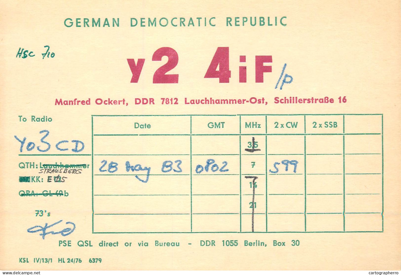 German Democtaric Republic Radio Amateur QSL Card Y24IF Y03CD - Radio Amatoriale