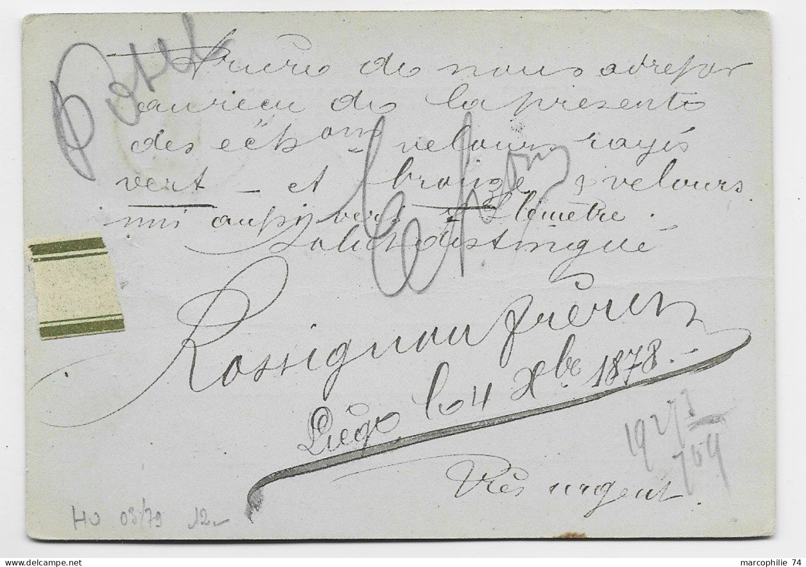 BELGIQUE ENTIER 10C CARTE POSTALE LIEGE 4 DECE 1878 TO PARIS + 2 BELG2 ERQUELINES - 1869-1883 Léopold II