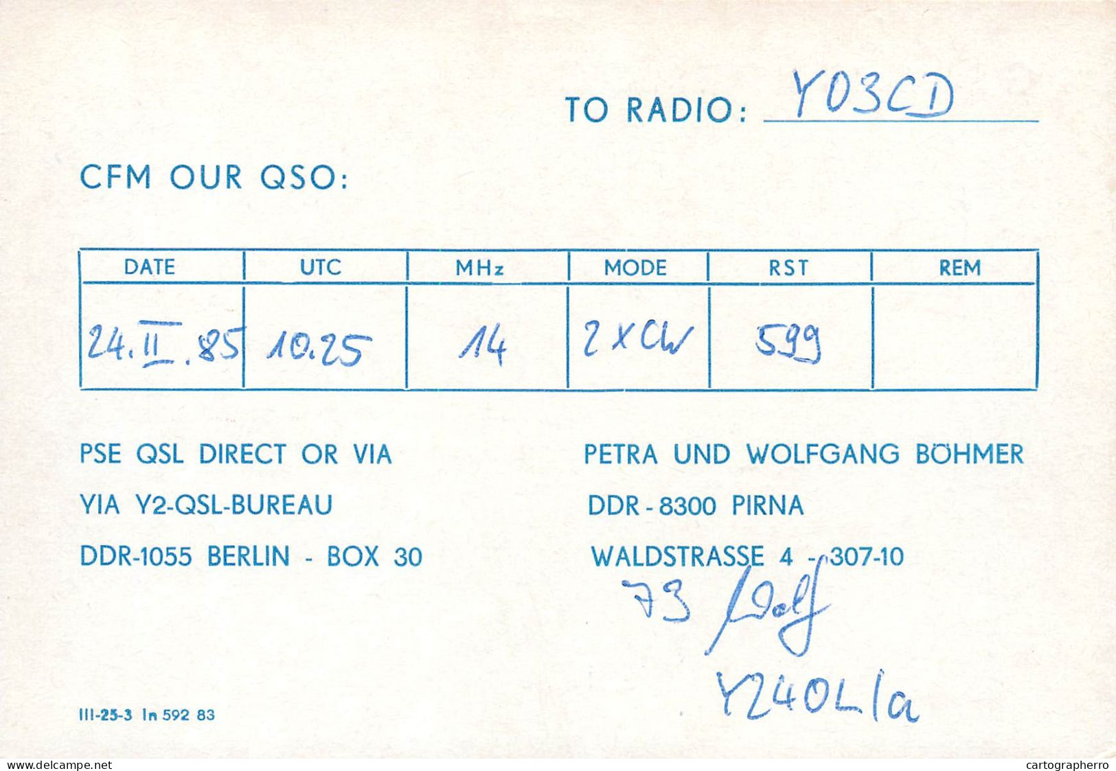 German Democtaric Republic Radio Amateur QSL Card Y22OL Y03CD 1985 - Radio Amatoriale