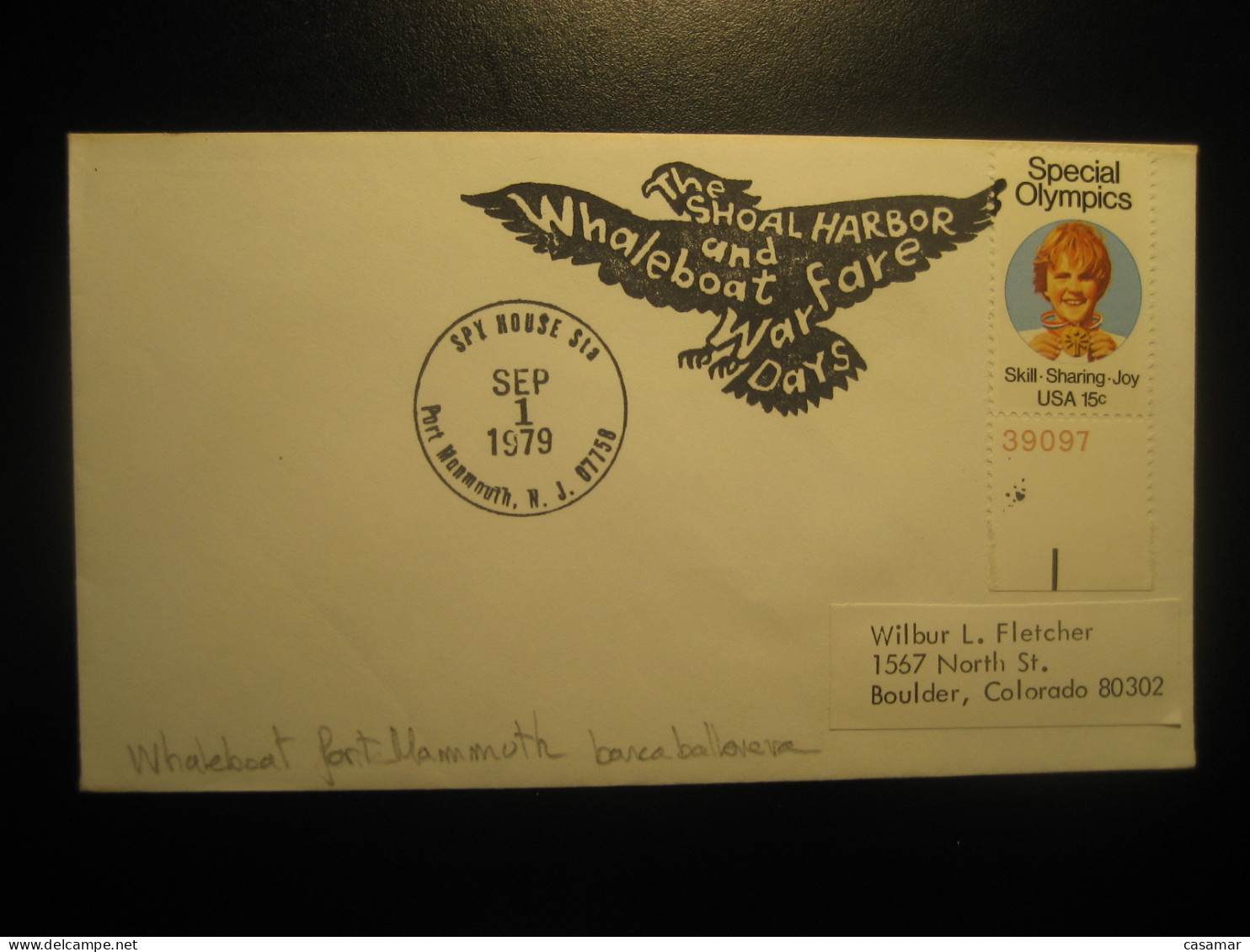 PORT MONMOUTH 1979 The Shoal Harbor Whaleboat Fare Whale Whales Cancel Cover USA - Balene