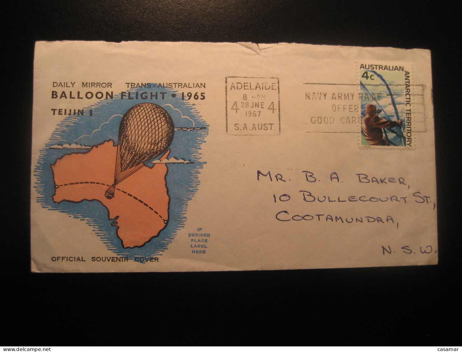 ADELAIDE 1967 Navy Army RAAF Career Cancel Balloon Flight Cover AAT Australian Antarctic Territory Antarctics Antarctica - Storia Postale