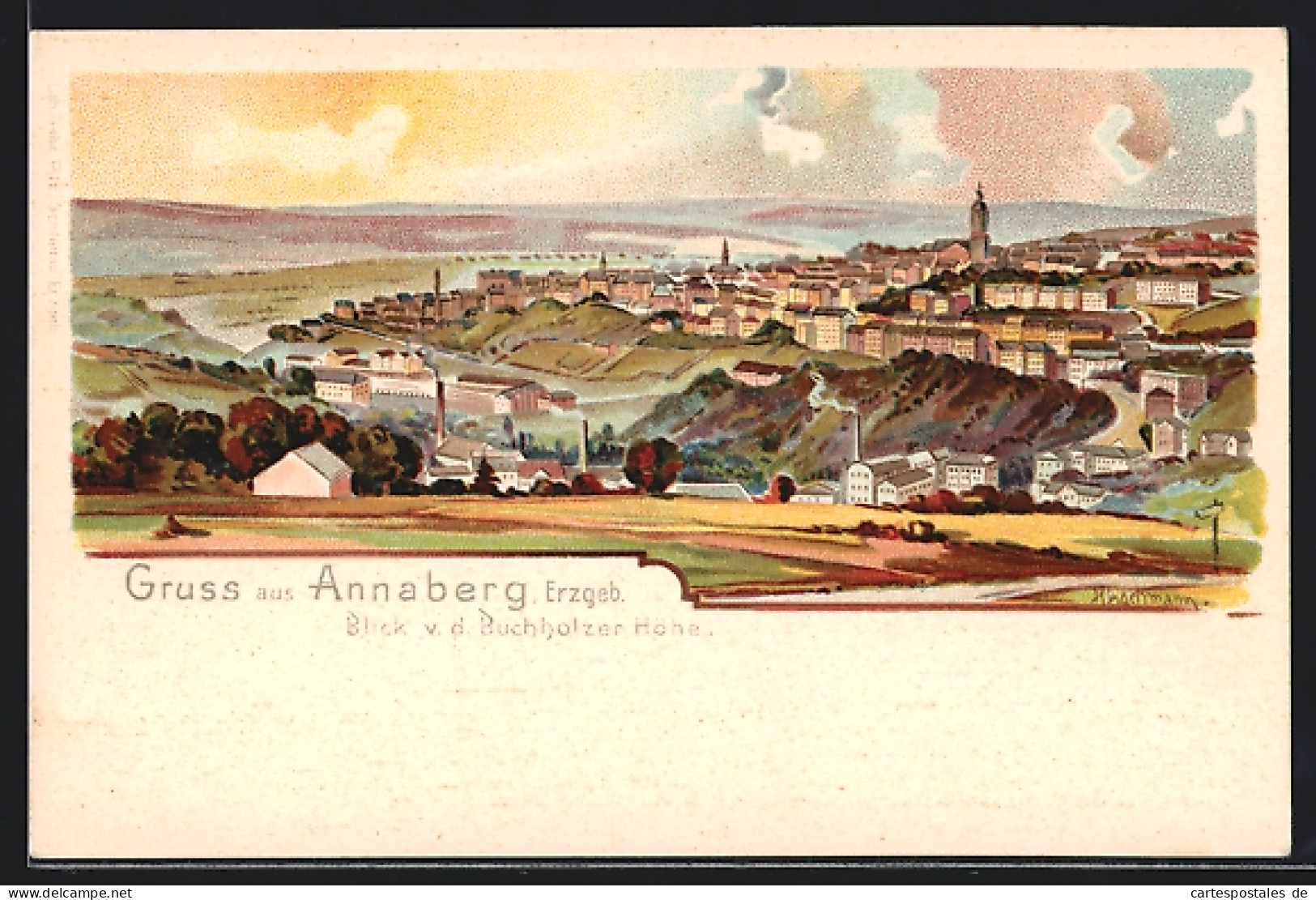 Lithographie Annaberg, Blick Von Der Buchholzer Höhe Auf Die Stadt  - Annaberg-Buchholz