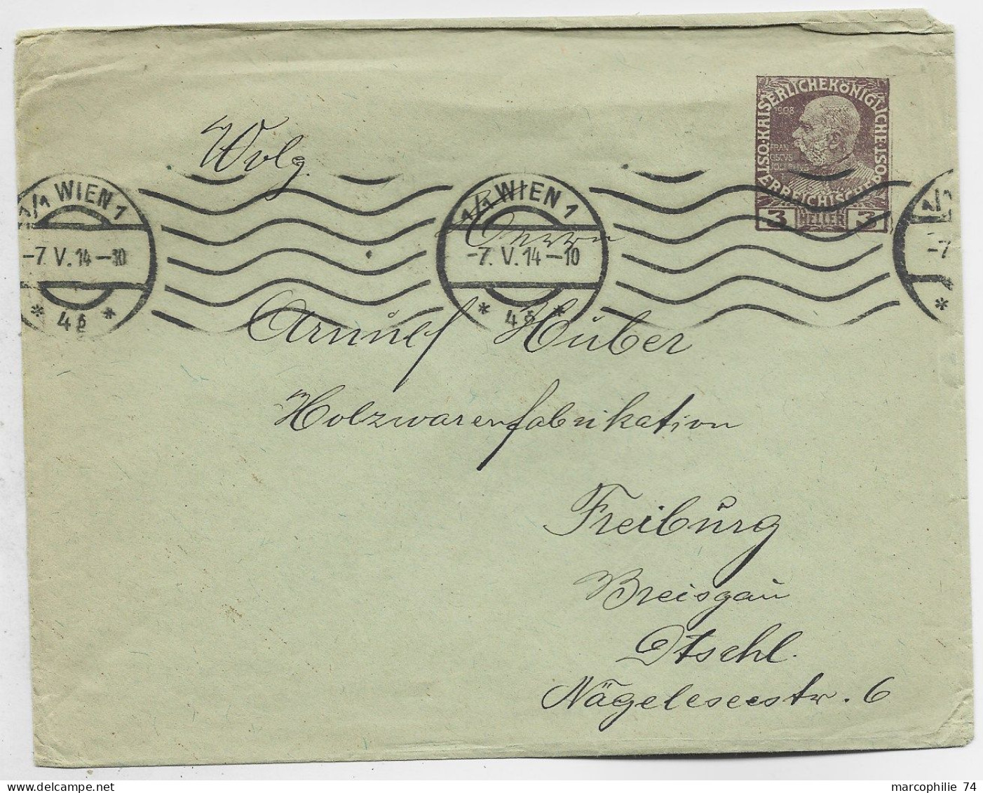 AUSTRIA ENTIER 3 HELLER ENVELOPPE COVER BRIEF MEC WIEN 7.V.1914 TO FREIBURG - Buste