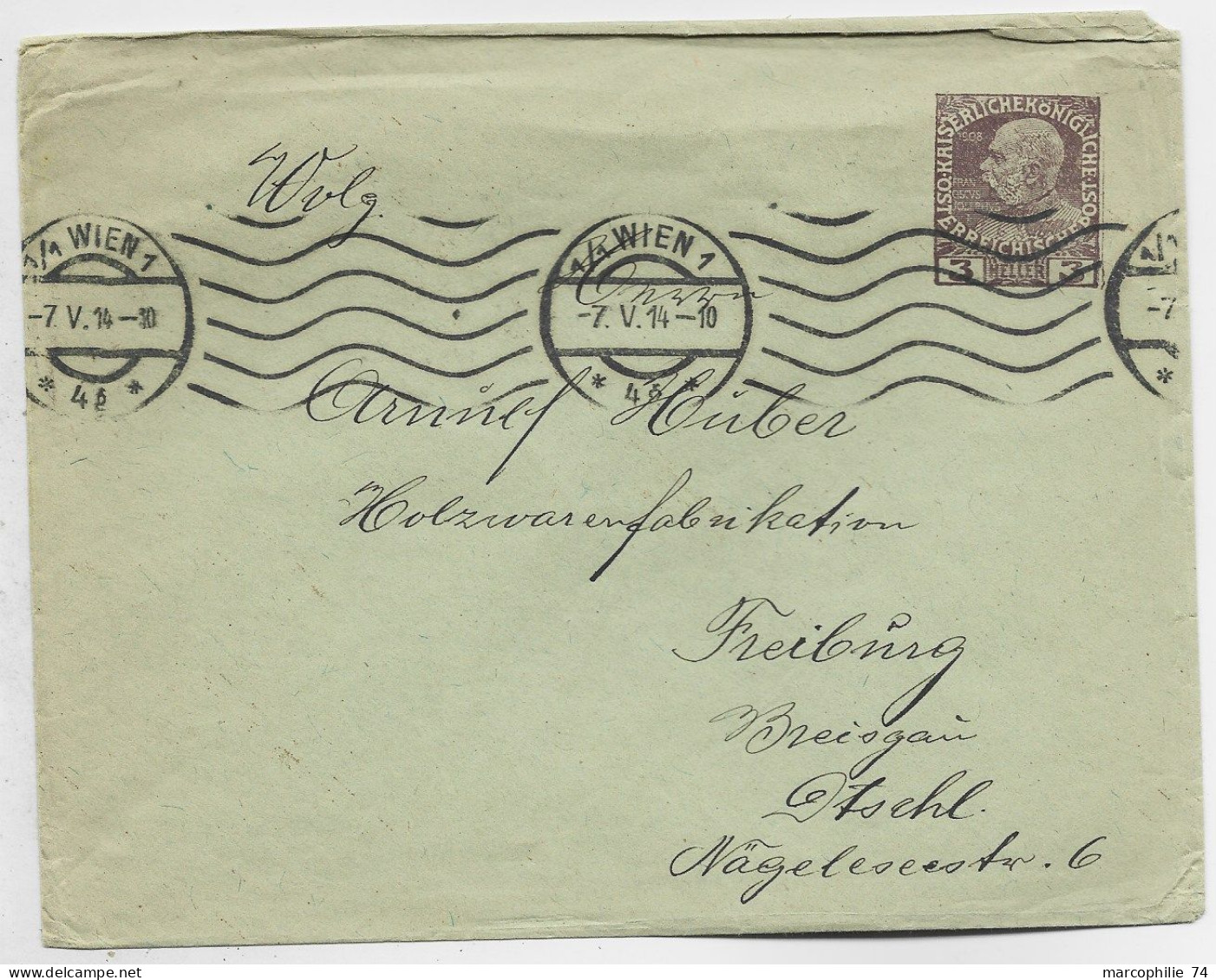 AUSTRIA ENTIER 3 HELLER ENVELOPPE COVER BRIEF MEC WIEN 7.V.1914 TO FREIBURG - Enveloppes